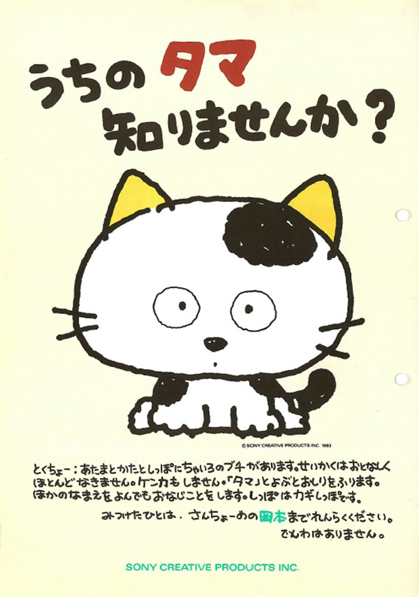 うちのタマ知りませんか？　とくちょー：あたまとかたとしっぽとしっぽにちゃいろのブチがあります。せいかくはおとなしくほとんどなきません。ケンカもしません。「タマ」とよぶとおしりをふります。ほかのなまえをよんでもおなじことをします。しっぽはカギしっぽです。みつけたひとは、さんちょーめの岡本までれんらくください。でんわはありません。